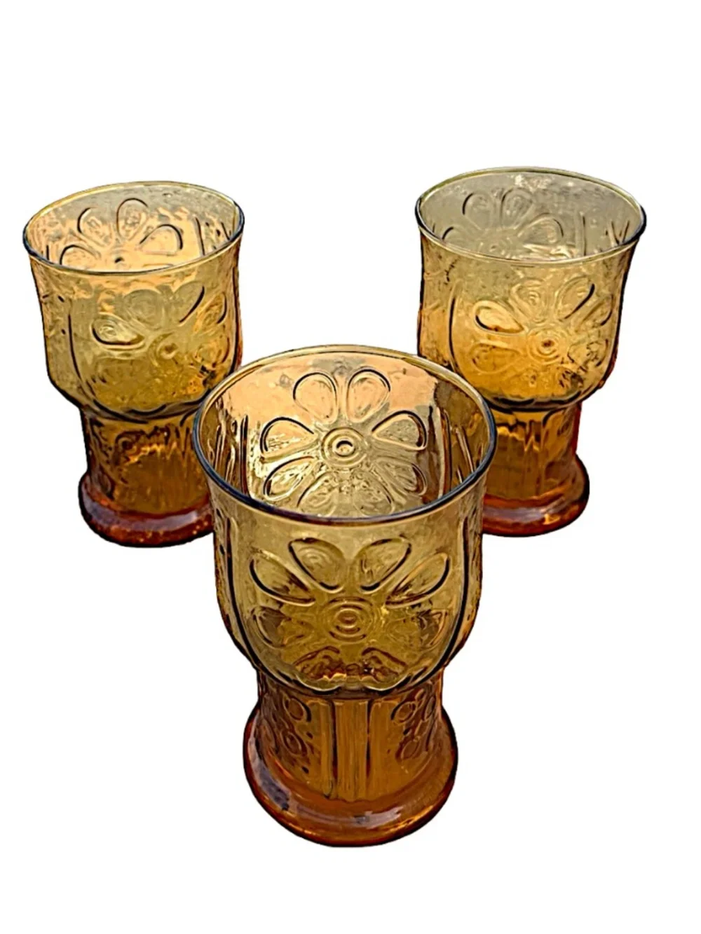 LIBBEY Vintage Amber Glass Tumbler 5” (set of 3) Country Garden Embossed Daisy